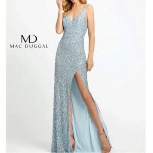 Mac Duggal Sequined V Neck Side Slit Gown